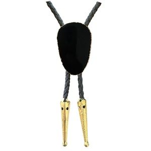 Black Onyx Gold Trim Bolo Tie with Grey Braided Vegan Leather Cord